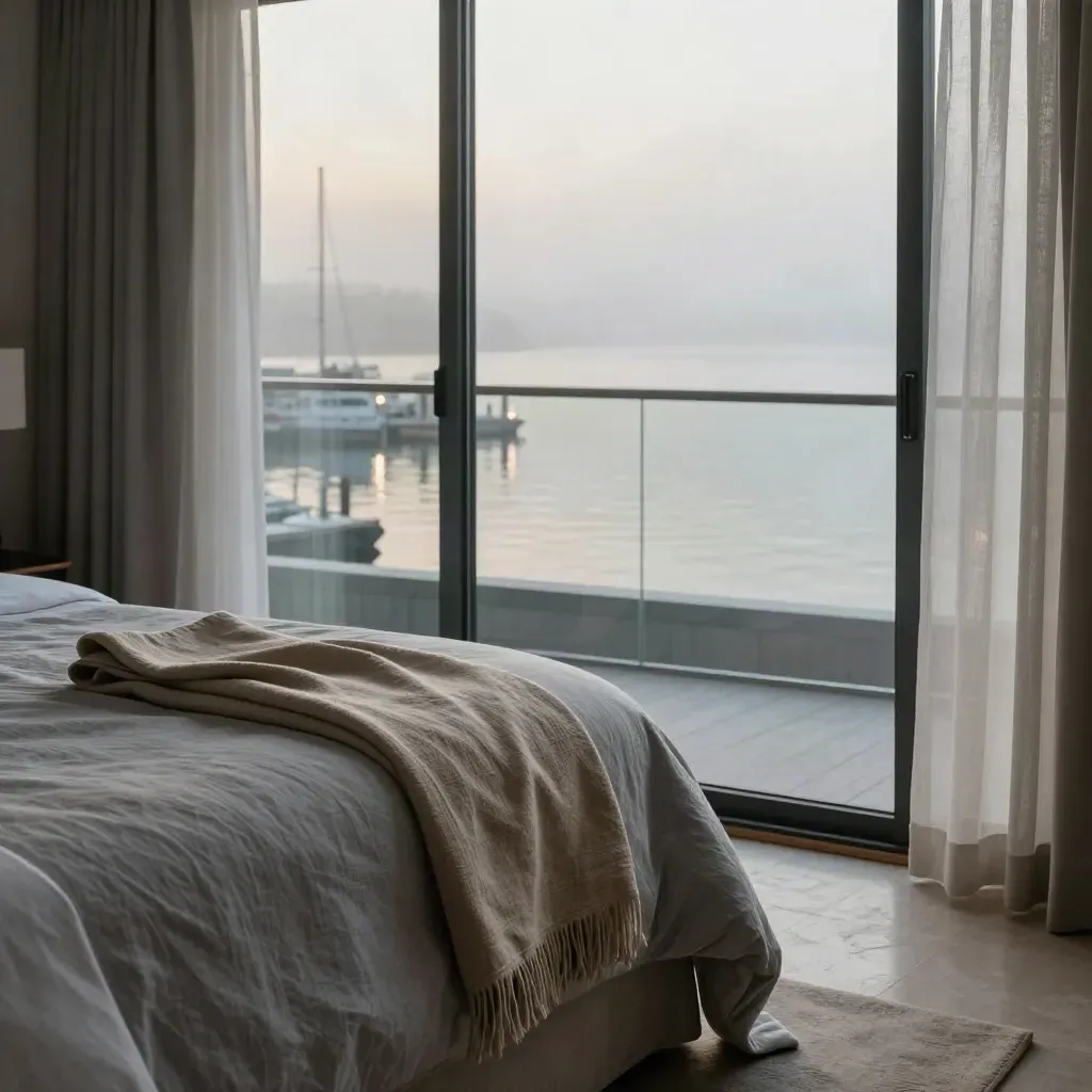 Suite panoramica sul porto con letto curato, tenda leggera e riflessi mattutini sulla pietra chiara.