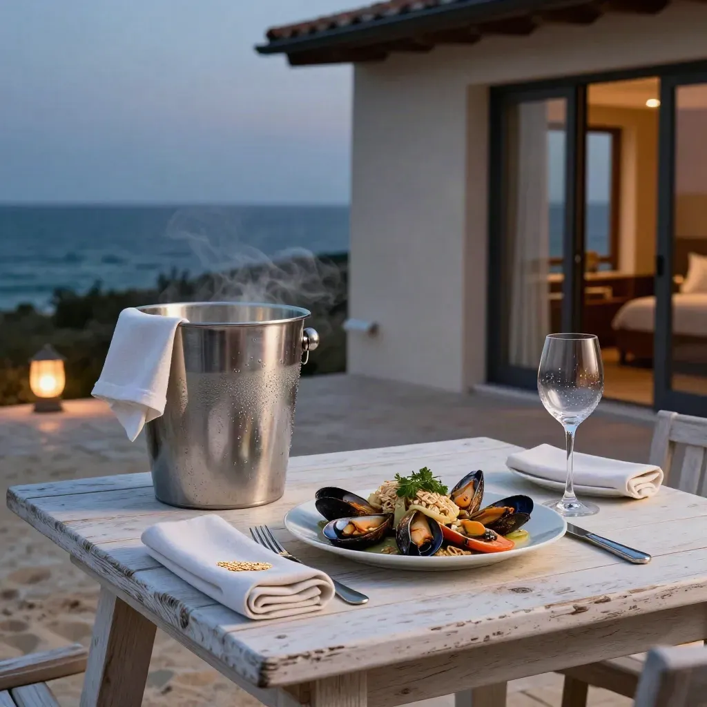 Cena in terrazza con pesce sotto cloche, vino bianco e porta suite aperta al tramonto.