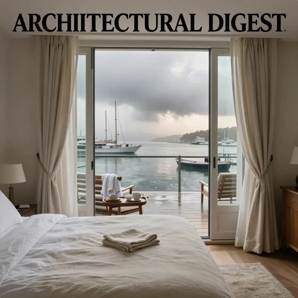 Suite con letto king, terrazza aperta e vista sul porto all’alba dopo il temporale.