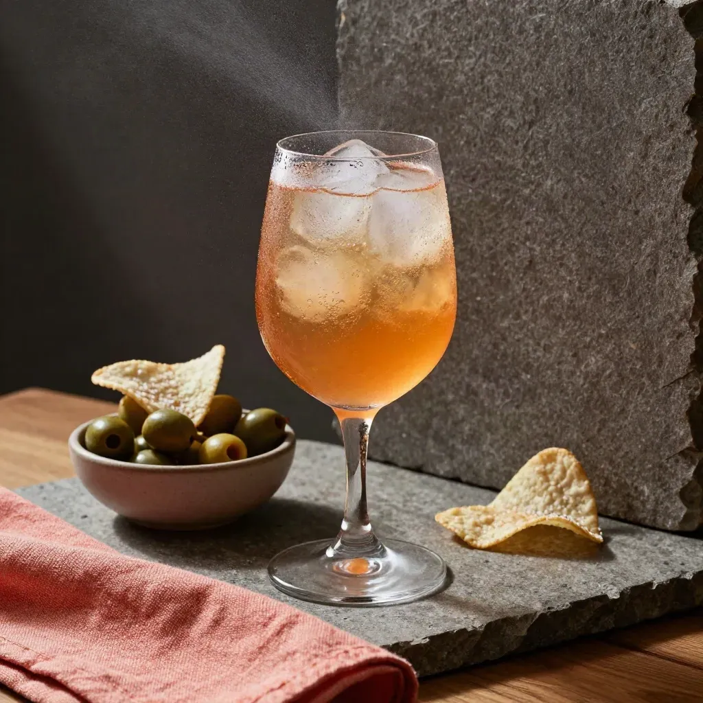 Spritz, olive e chips su pietra con tovagliolo corallo e luce soffusa.