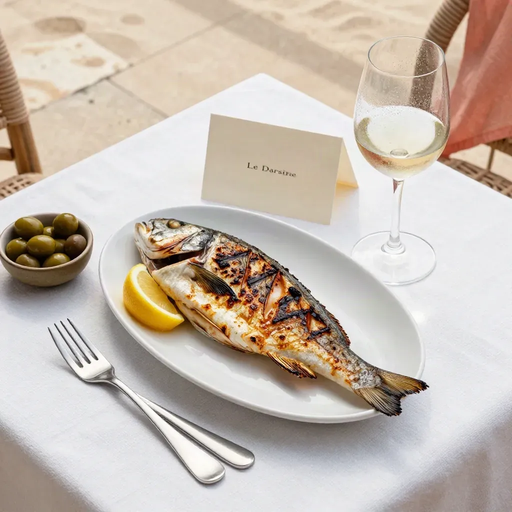 Piatti di pesce, vino bianco e limoni su tavola in lino, vista dall’alto