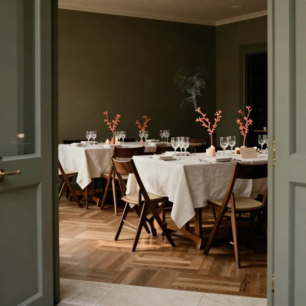 Sala eventi elegante con tavoli apparecchiati, sedie piegate e fiori corallo in attesa degli ospiti