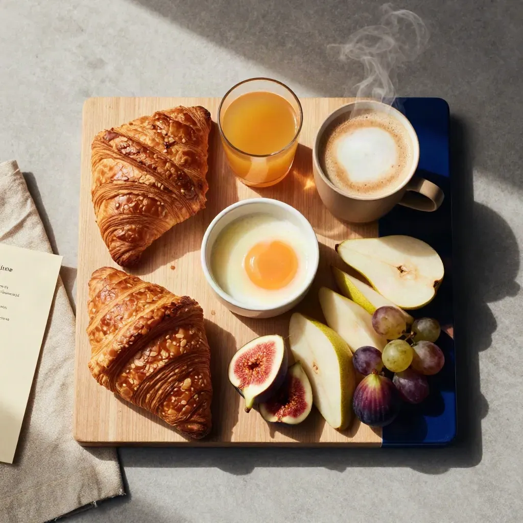 Flatlay dall'alto con brunch, cappuccino, succo e frutta su tavolo in legno chiaro.
