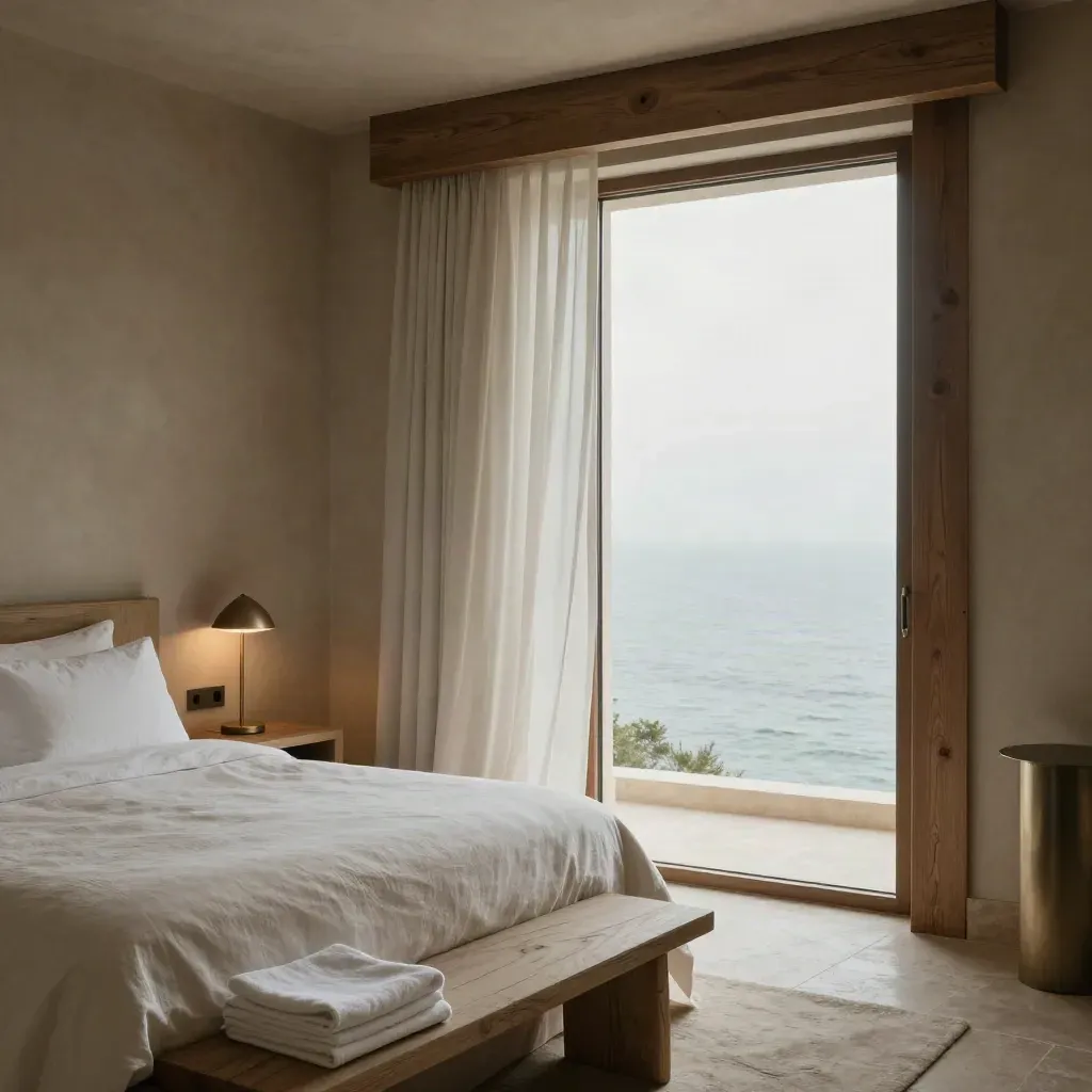 Camera luminosa con letto basso, lampada, asciugamani piegati e tende aperte sul mare.