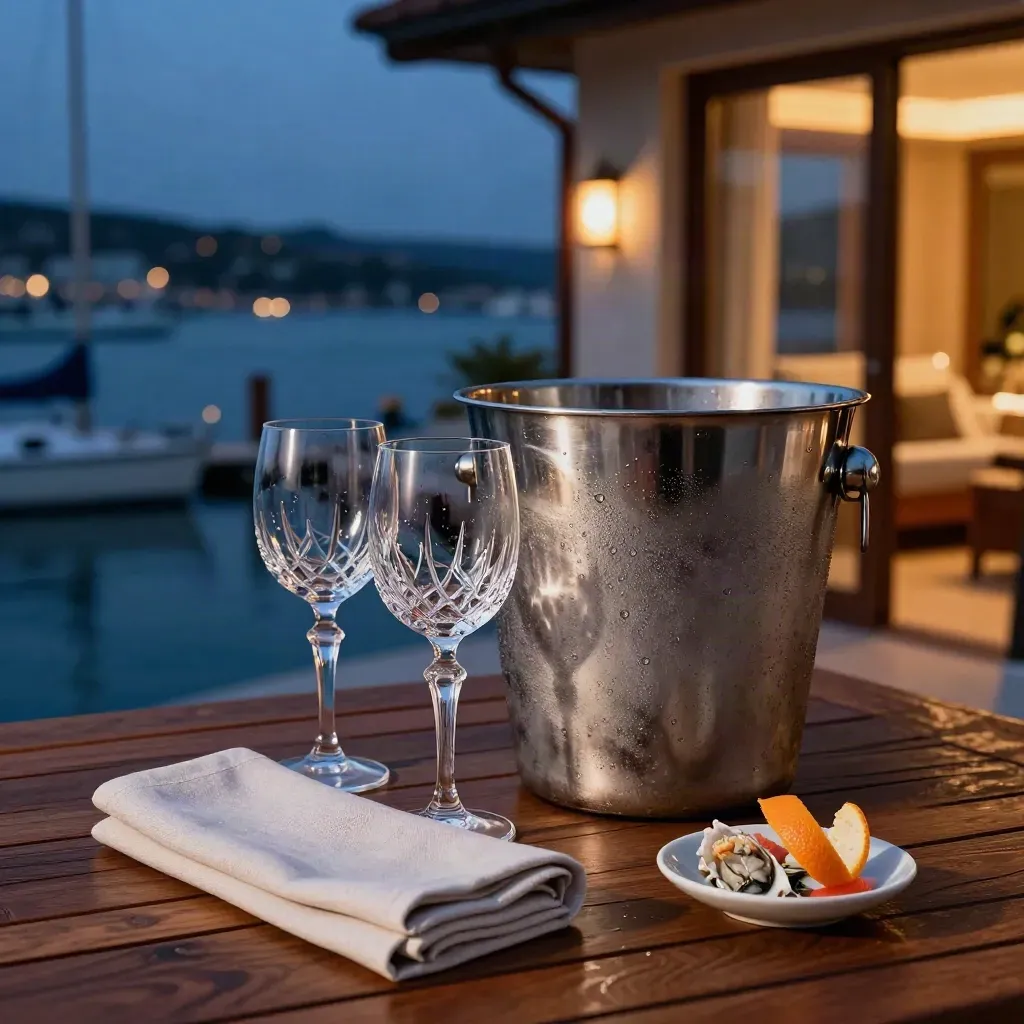 Tavolo in terrazza sul porto con vino, suite illuminata e mare al crepuscolo.