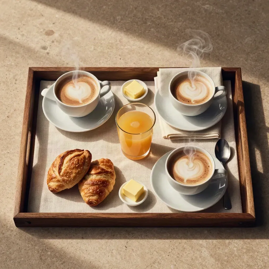 Vassoio colazione per due con cappuccini, succo e brioches su lino chiaro.