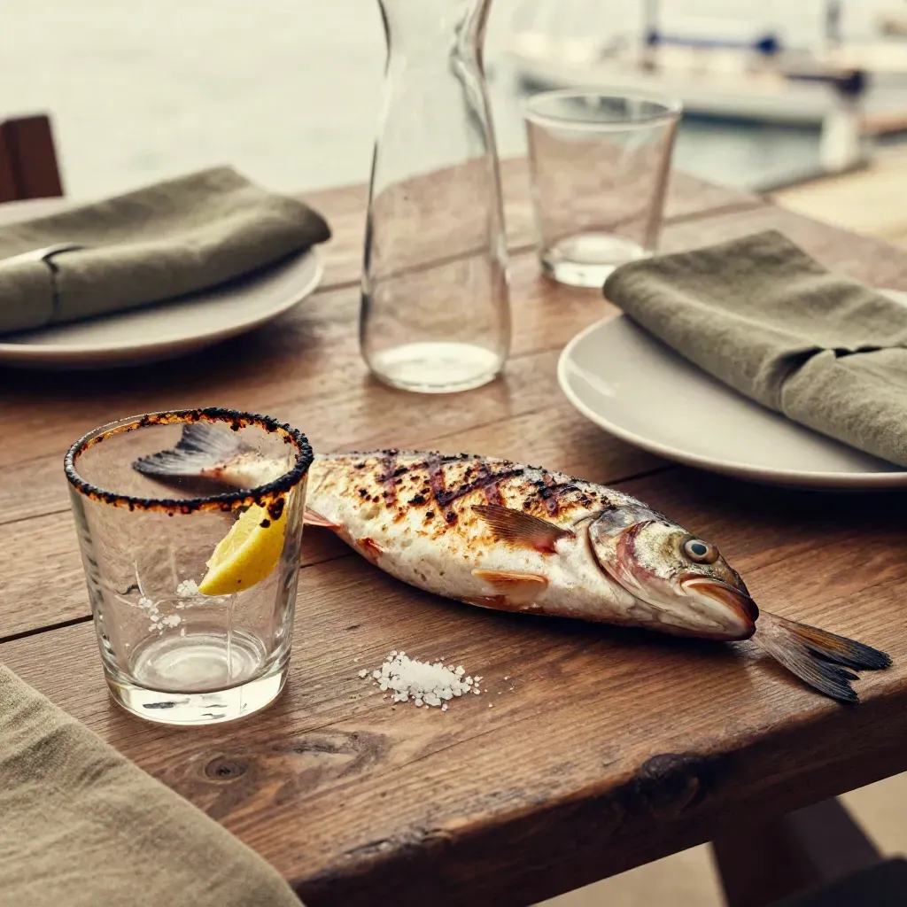 Tavolo in legno vista mare con pesce alla griglia, caraffa e due coperti.