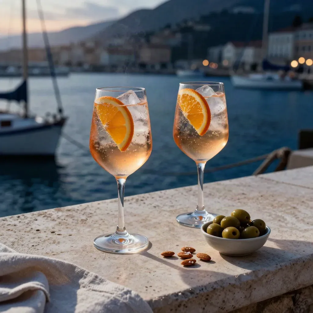 Due spritz e olive su parapetto vista porto al tramonto, luce morbida e atmosfera marina.