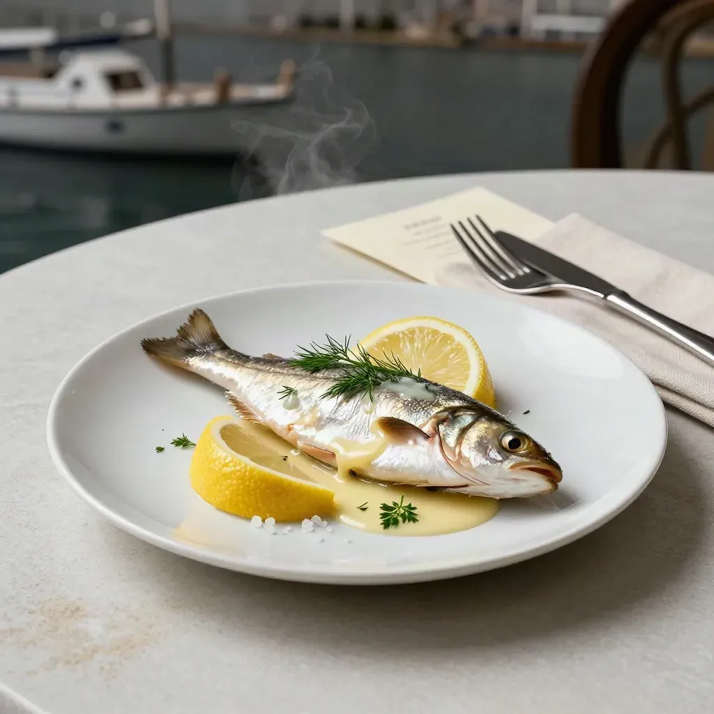 Piatto del giorno con pesce, limone ed erbe su tavola bianca, stile elegante.