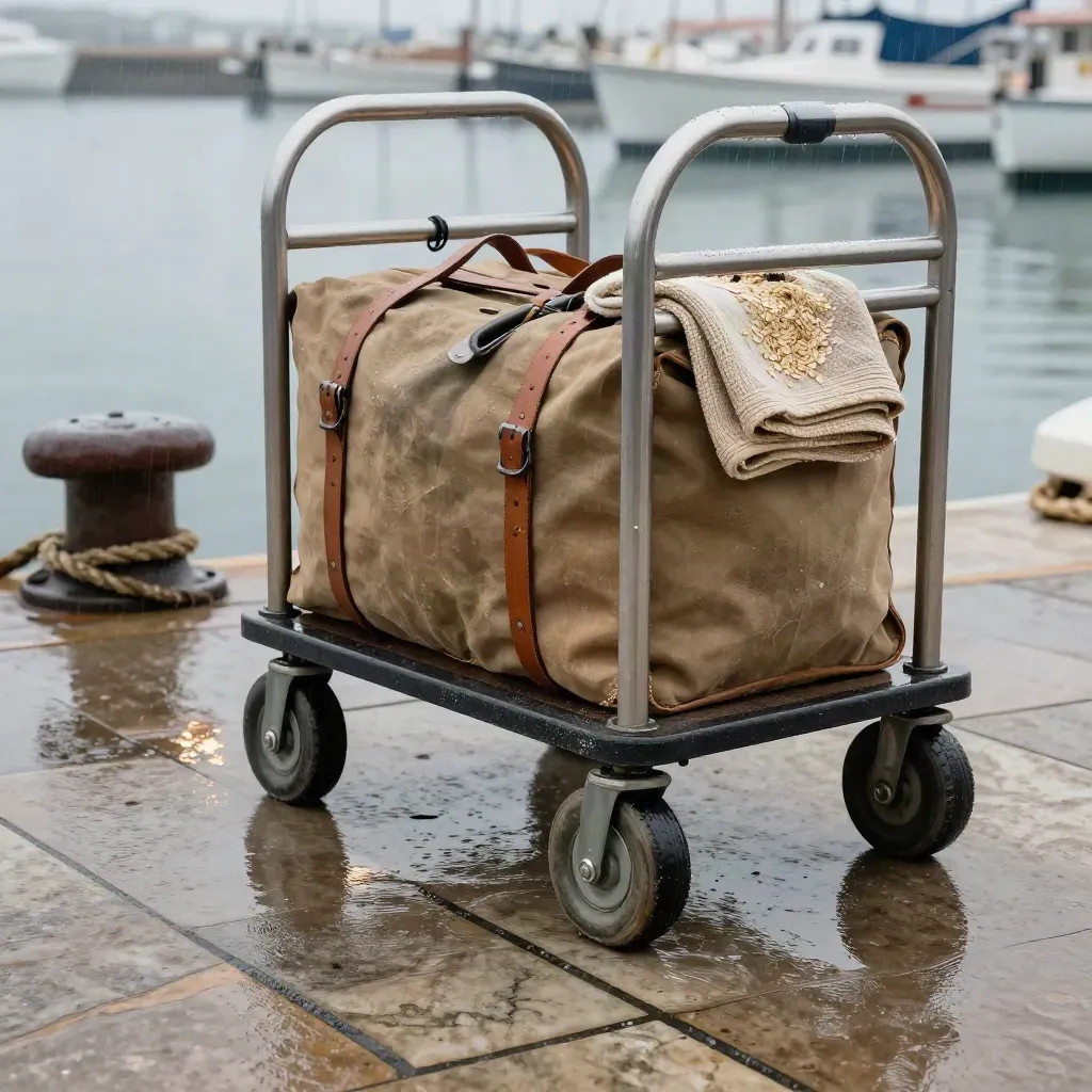 Carrello bagagli sul molo bagnato, riflessi e porto sfocato sullo sfondo