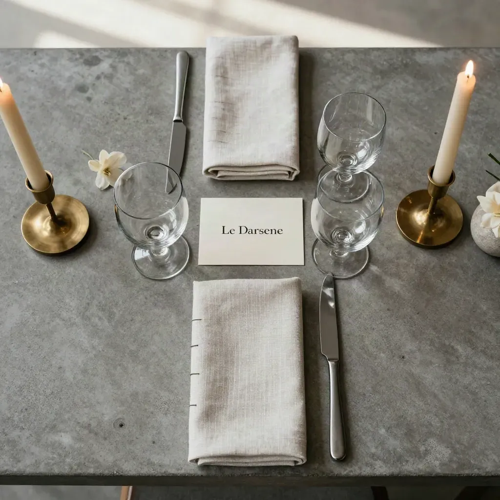 Allestimento tavolo per evento privato con candele, bicchieri, tovaglioli e stemma floreale neutro.
