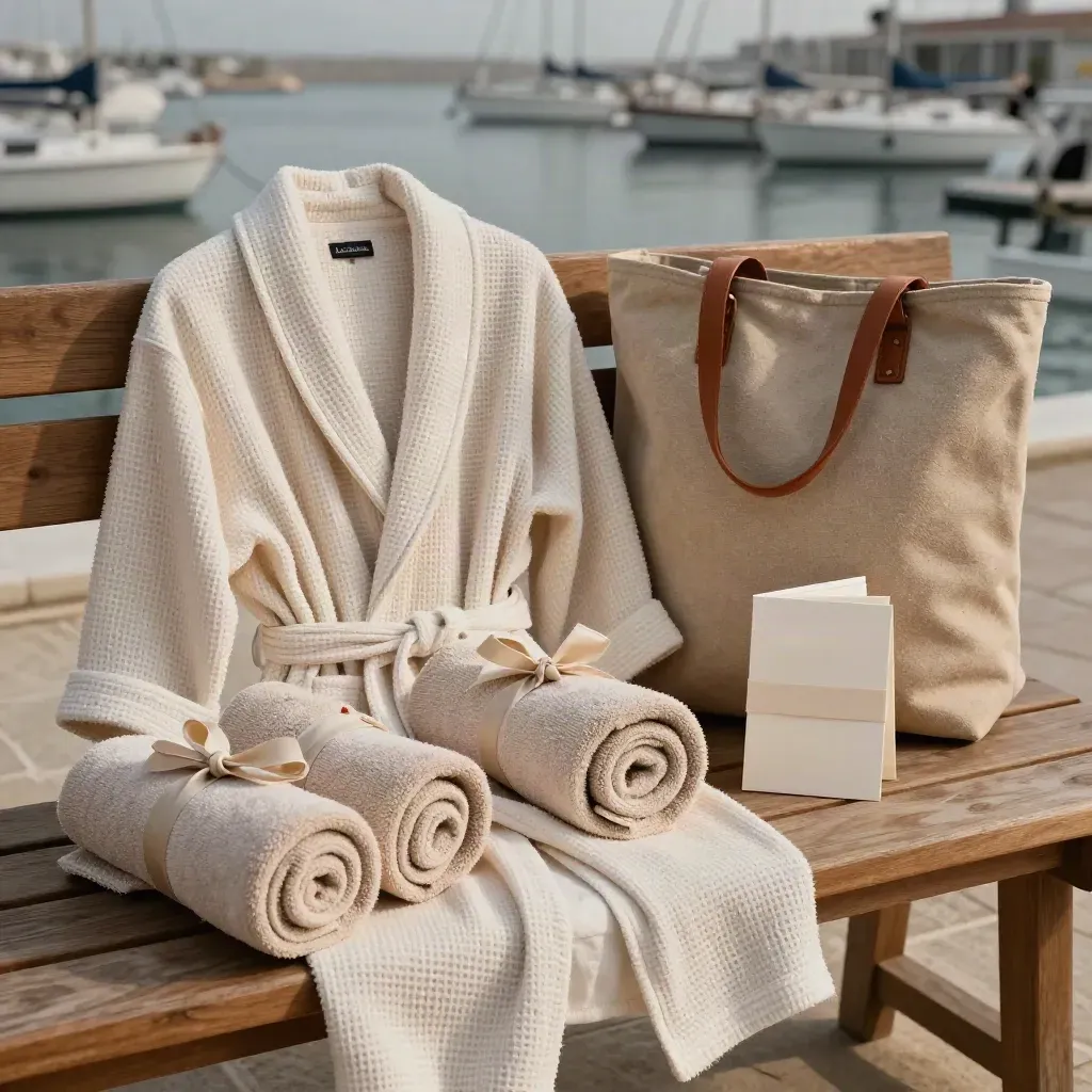 Set famiglia mare con accappatoi, teli e borsa in lino su panca di legno chiaro.