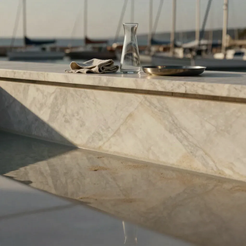 Lede marmoreo chiaro al sole con aste del porto sfocate e terrazza vista mare