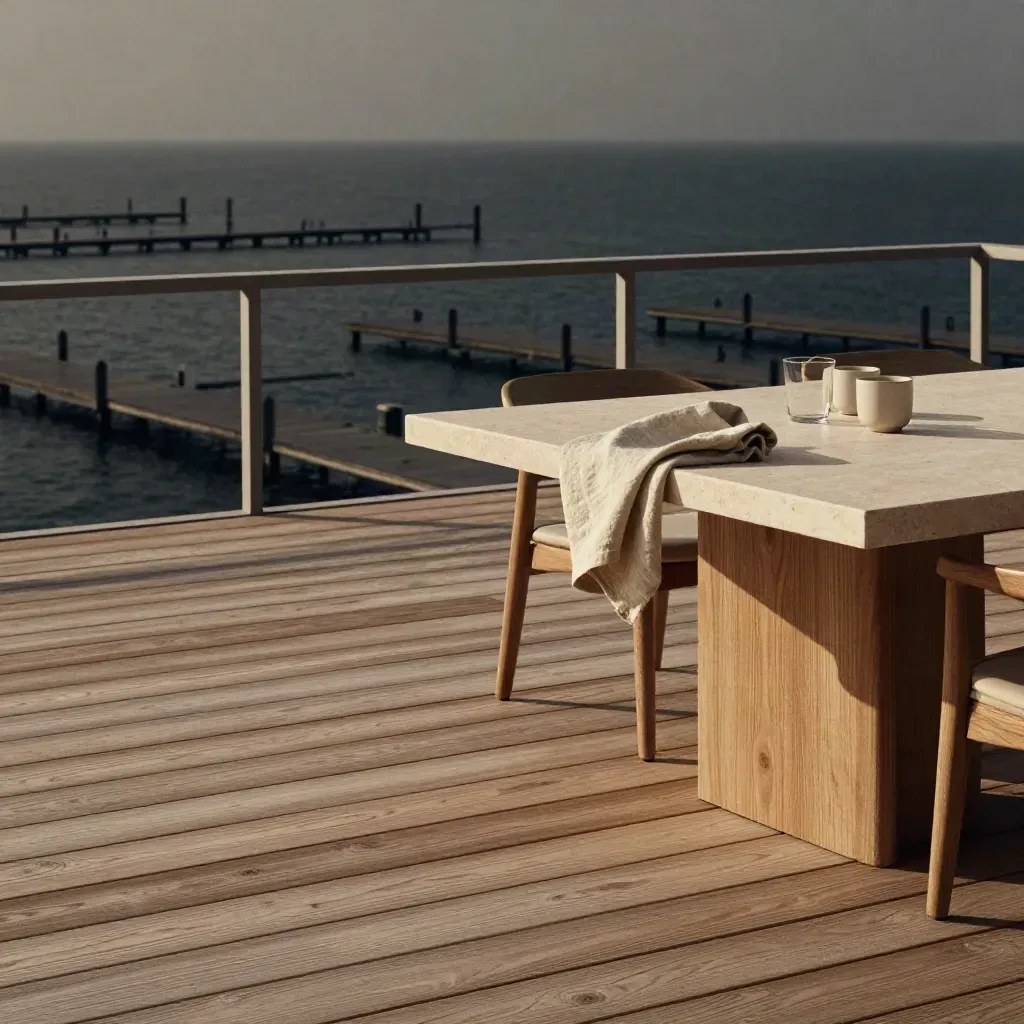 Terrazza in teak sul mare con tavolo vuoto, ringhiera e luce pomeridiana