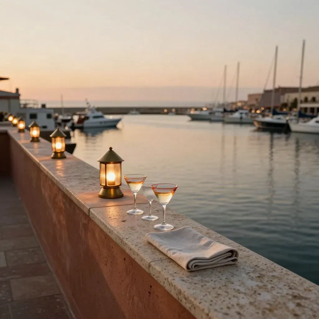 Terrazza al tramonto sul marina con lanterne e riflessi apricot, vista aperta.