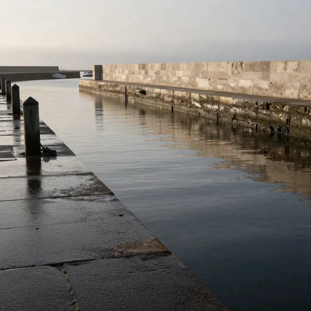 Scogliera e banchina sul mare al crepuscolo, con barche lontane nella nebbia